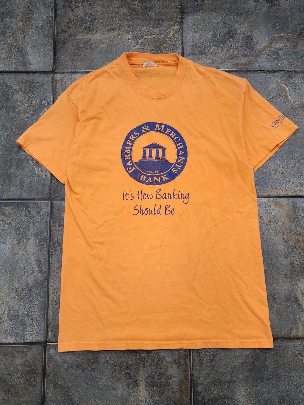 Vintage 90s Farmer's & Merchant's Bank Medium Orange Money Finance T Shirt